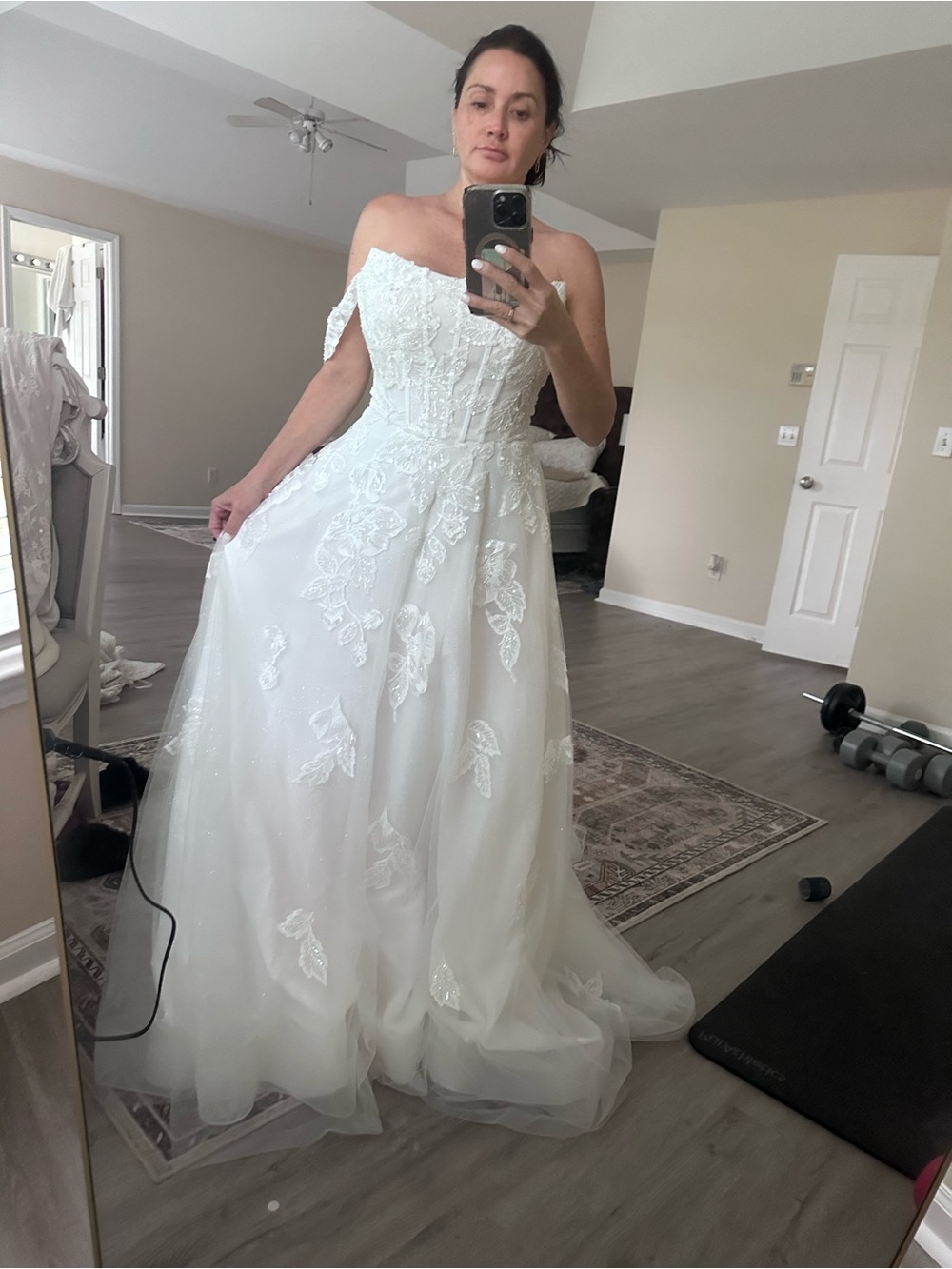 Oleg Cassini White Off-Shoulder Lace A-Line Gown